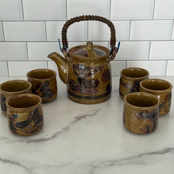Vintage Pottery Teapot Woven Handle 6 Matching Cups Set In Earthy Tones - Picture 1 of 10
